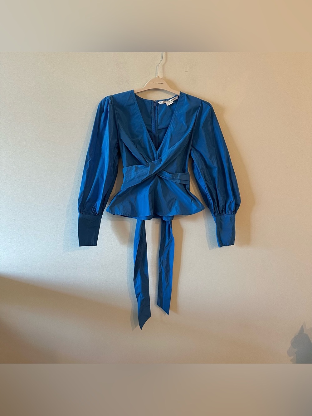 Veronica Beard Seema Peplum Taffeta Blue Wrap Tie Blouse Puff Sleeve 4 Preppy